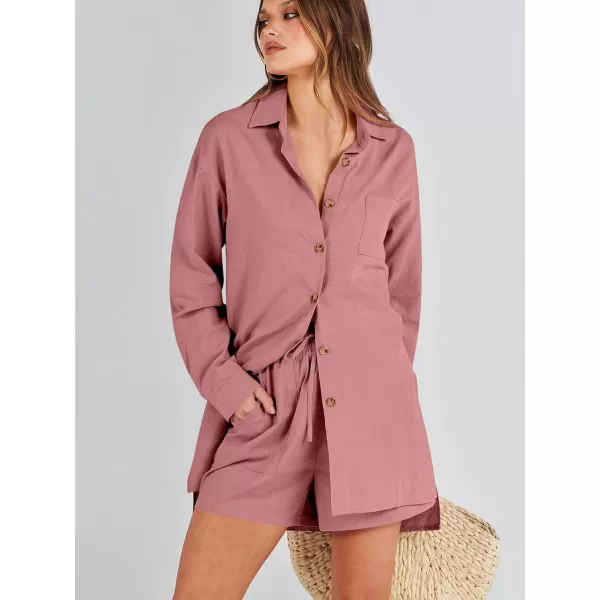 imageANRABESS 2 Piece Outfits for Women Lounge Pajama Sets Casual Long Sleeve Button Down Oversized Shirts Matching ShortsDark Pink