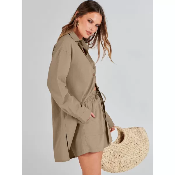 imageANRABESS 2 Piece Outfits for Women Lounge Pajama Sets Casual Long Sleeve Button Down Oversized Shirts Matching ShortsDeep Khaki