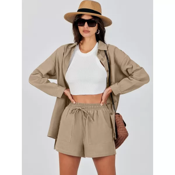 imageANRABESS 2 Piece Outfits for Women Lounge Pajama Sets Casual Long Sleeve Button Down Oversized Shirts Matching ShortsDeep Khaki