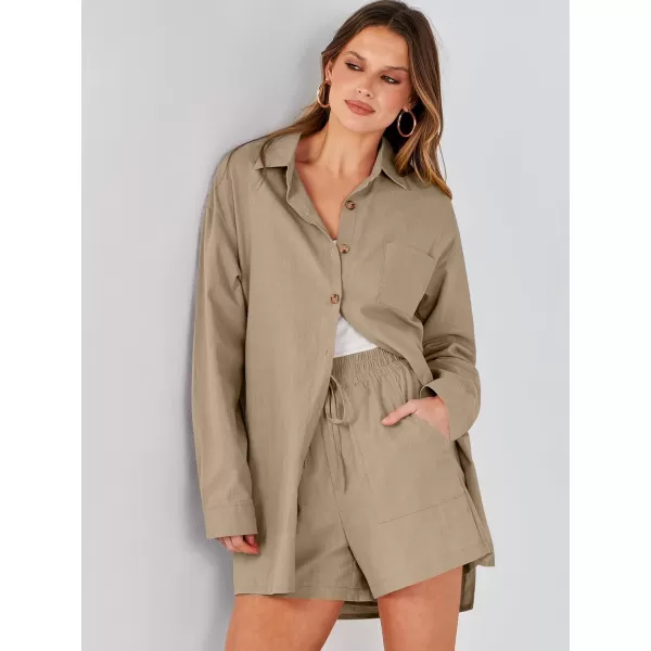 imageANRABESS 2 Piece Outfits for Women Lounge Pajama Sets Casual Long Sleeve Button Down Oversized Shirts Matching ShortsDeep Khaki