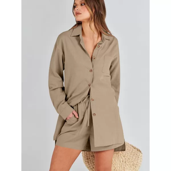 imageANRABESS 2 Piece Outfits for Women Lounge Pajama Sets Casual Long Sleeve Button Down Oversized Shirts Matching ShortsDeep Khaki