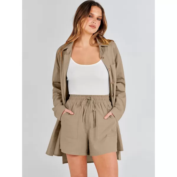 imageANRABESS 2 Piece Outfits for Women Lounge Pajama Sets Casual Long Sleeve Button Down Oversized Shirts Matching ShortsDeep Khaki