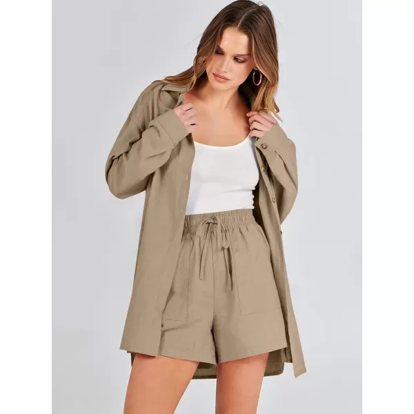 imageANRABESS 2 Piece Outfits for Women Lounge Pajama Sets Casual Long Sleeve Button Down Oversized Shirts Matching ShortsDeep Khaki