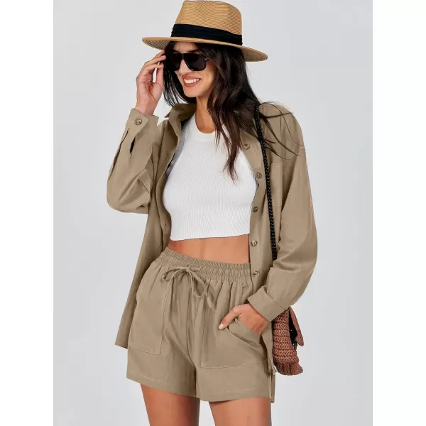 imageANRABESS 2 Piece Outfits for Women Lounge Pajama Sets Casual Long Sleeve Button Down Oversized Shirts Matching ShortsDeep Khaki