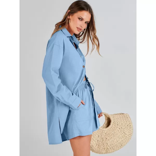 imageANRABESS 2 Piece Outfits for Women Lounge Pajama Sets Casual Long Sleeve Button Down Oversized Shirts Matching ShortsSky