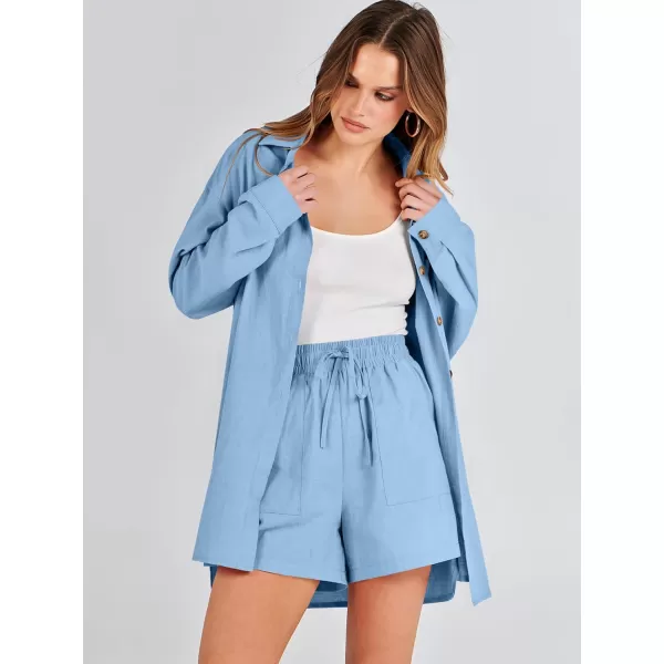 imageANRABESS 2 Piece Outfits for Women Lounge Pajama Sets Casual Long Sleeve Button Down Oversized Shirts Matching ShortsSky