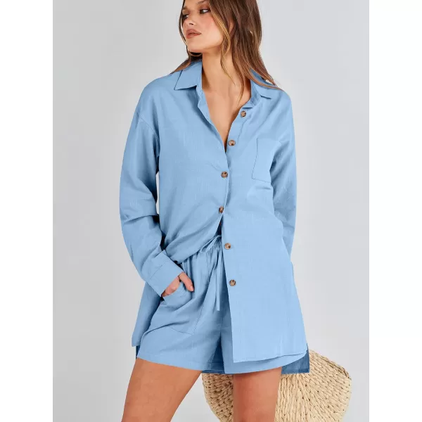 imageANRABESS 2 Piece Outfits for Women Lounge Pajama Sets Casual Long Sleeve Button Down Oversized Shirts Matching ShortsSky