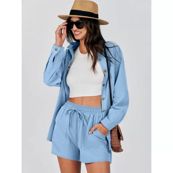 imageANRABESS 2 Piece Outfits for Women Lounge Pajama Sets Casual Long Sleeve Button Down Oversized Shirts Matching ShortsSky