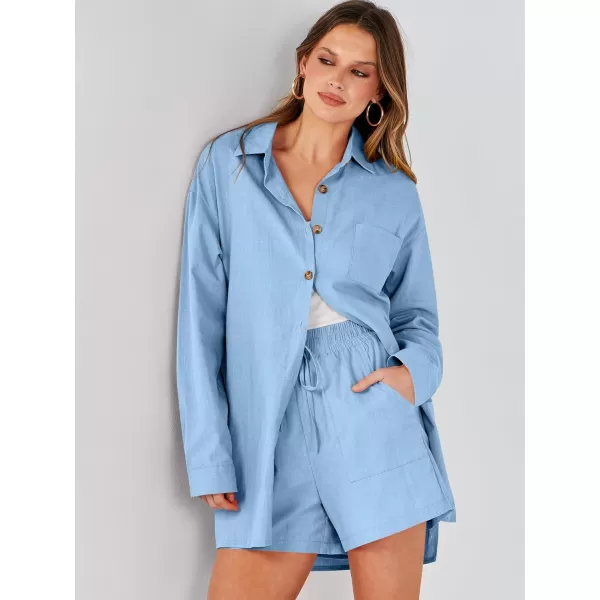 imageANRABESS 2 Piece Outfits for Women Lounge Pajama Sets Casual Long Sleeve Button Down Oversized Shirts Matching ShortsSky