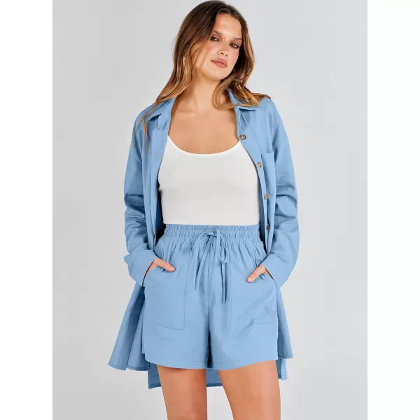 imageANRABESS 2 Piece Outfits for Women Lounge Pajama Sets Casual Long Sleeve Button Down Oversized Shirts Matching ShortsSky