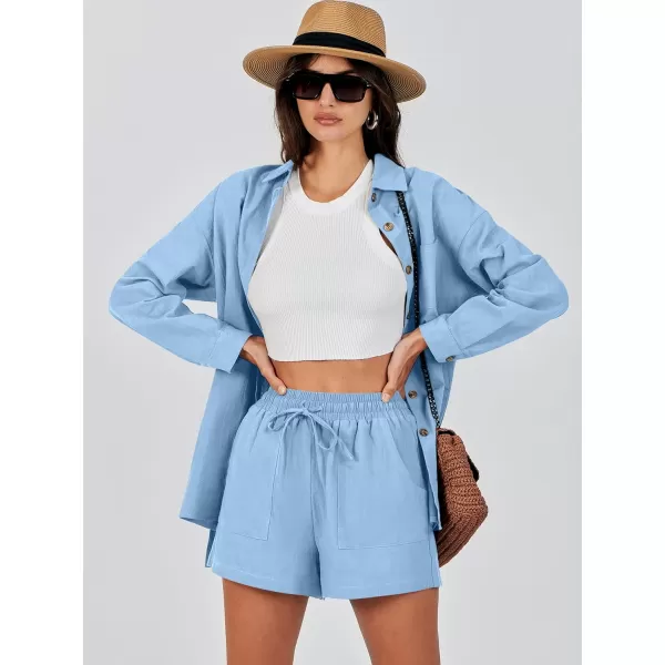 imageANRABESS 2 Piece Outfits for Women Lounge Pajama Sets Casual Long Sleeve Button Down Oversized Shirts Matching ShortsSky