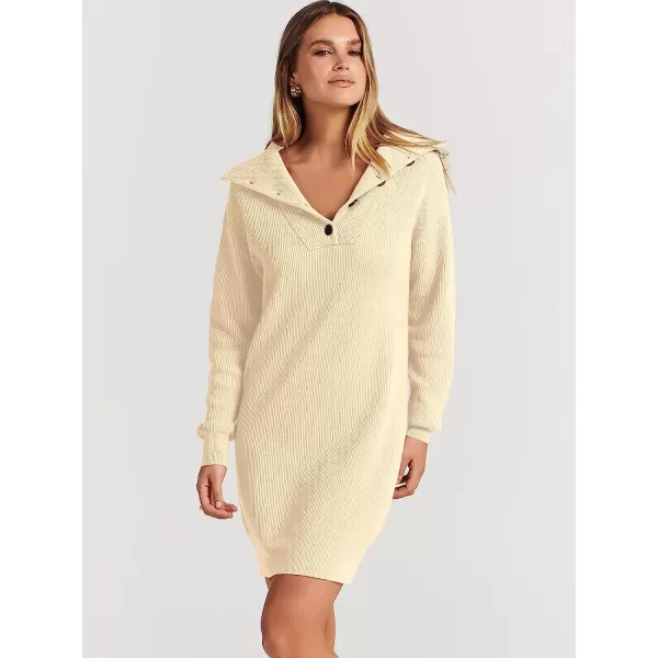 imageANRABESS 2022 Fall Winter Womens Long Sleeve Collared V Neck Sweater Dress Button Lapel Casual Mini Pullover DressesApricot