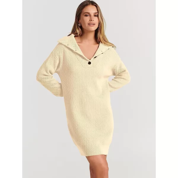 imageANRABESS 2022 Fall Winter Womens Long Sleeve Collared V Neck Sweater Dress Button Lapel Casual Mini Pullover DressesApricot