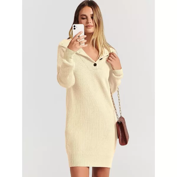 imageANRABESS 2022 Fall Winter Womens Long Sleeve Collared V Neck Sweater Dress Button Lapel Casual Mini Pullover DressesApricot