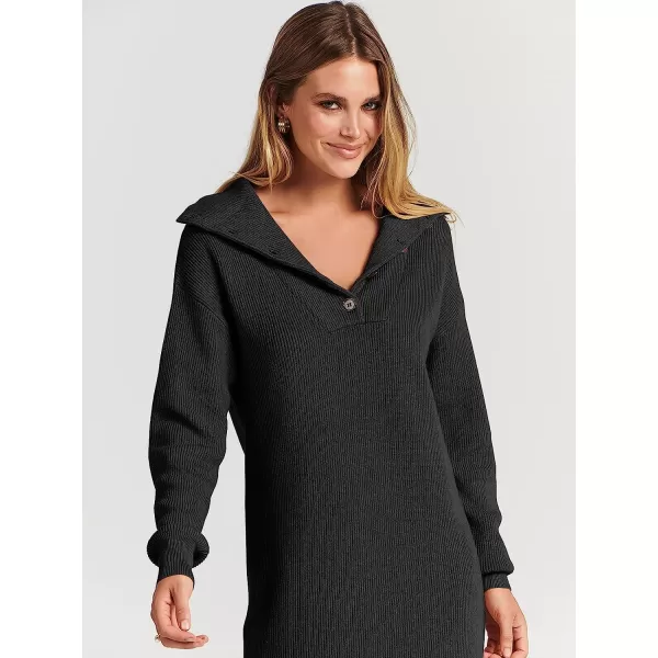 imageANRABESS 2022 Fall Winter Womens Long Sleeve Collared V Neck Sweater Dress Button Lapel Casual Mini Pullover DressesBlack