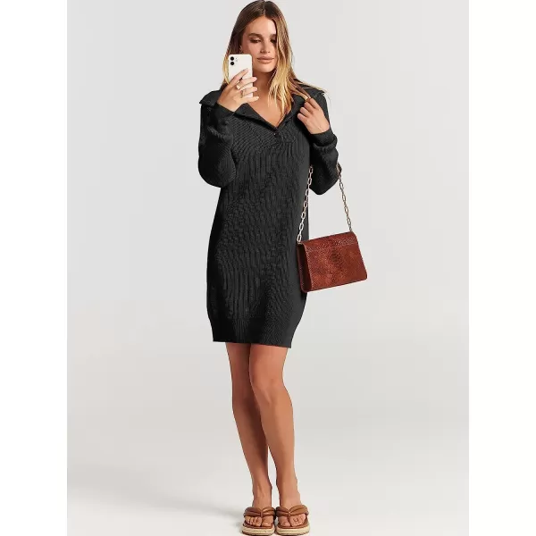 imageANRABESS 2022 Fall Winter Womens Long Sleeve Collared V Neck Sweater Dress Button Lapel Casual Mini Pullover DressesBlack