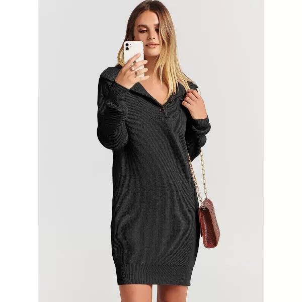 imageANRABESS 2022 Fall Winter Womens Long Sleeve Collared V Neck Sweater Dress Button Lapel Casual Mini Pullover DressesBlack