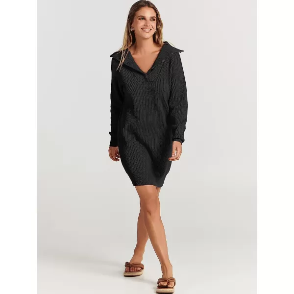 imageANRABESS 2022 Fall Winter Womens Long Sleeve Collared V Neck Sweater Dress Button Lapel Casual Mini Pullover DressesBlack