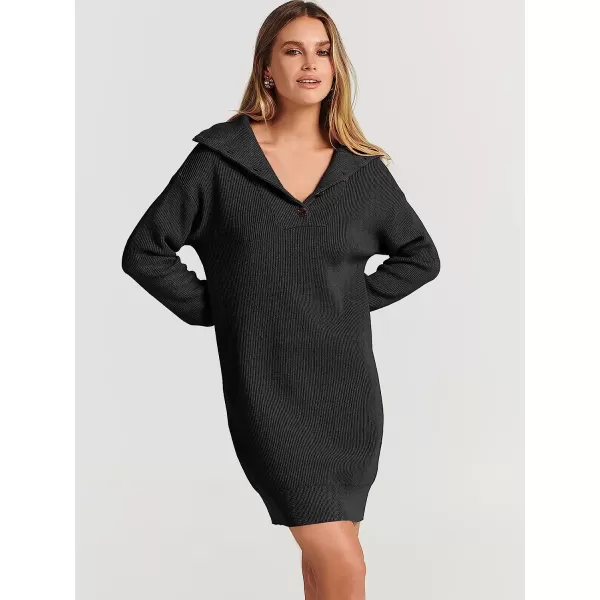 imageANRABESS 2022 Fall Winter Womens Long Sleeve Collared V Neck Sweater Dress Button Lapel Casual Mini Pullover DressesBlack