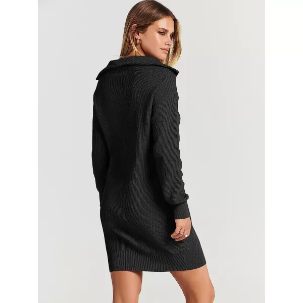 imageANRABESS 2022 Fall Winter Womens Long Sleeve Collared V Neck Sweater Dress Button Lapel Casual Mini Pullover DressesBlack