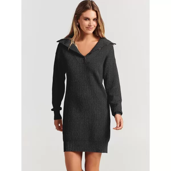 imageANRABESS 2022 Fall Winter Womens Long Sleeve Collared V Neck Sweater Dress Button Lapel Casual Mini Pullover DressesBlack