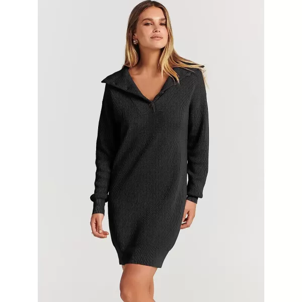 imageANRABESS 2022 Fall Winter Womens Long Sleeve Collared V Neck Sweater Dress Button Lapel Casual Mini Pullover DressesBlack