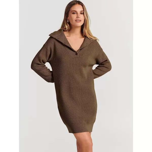 imageANRABESS 2022 Fall Winter Womens Long Sleeve Collared V Neck Sweater Dress Button Lapel Casual Mini Pullover DressesBrown