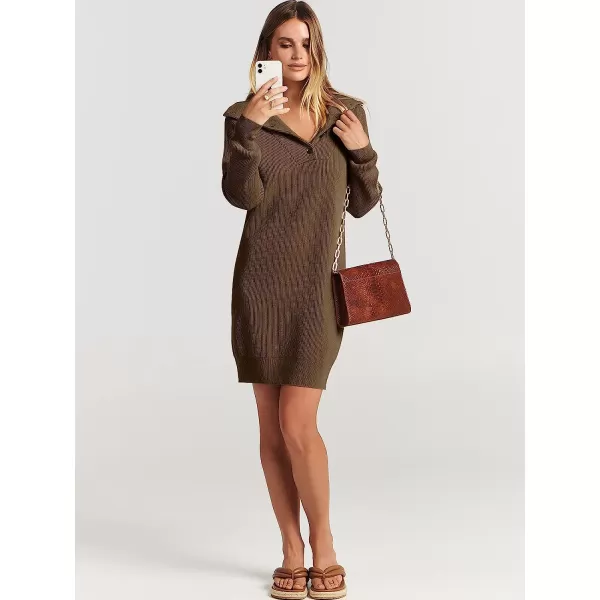 imageANRABESS 2022 Fall Winter Womens Long Sleeve Collared V Neck Sweater Dress Button Lapel Casual Mini Pullover DressesBrown