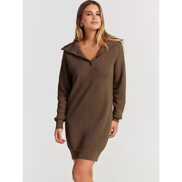 imageANRABESS 2022 Fall Winter Womens Long Sleeve Collared V Neck Sweater Dress Button Lapel Casual Mini Pullover DressesBrown