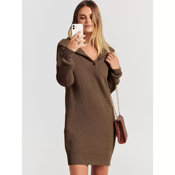 imageANRABESS 2022 Fall Winter Womens Long Sleeve Collared V Neck Sweater Dress Button Lapel Casual Mini Pullover DressesBrown