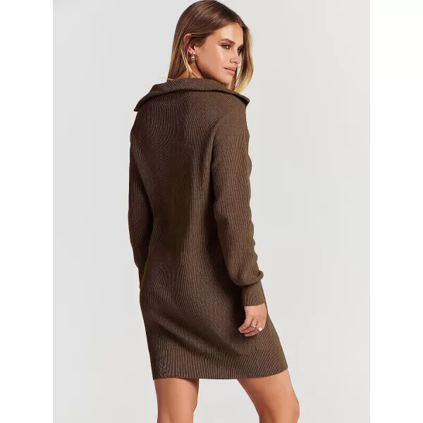 imageANRABESS 2022 Fall Winter Womens Long Sleeve Collared V Neck Sweater Dress Button Lapel Casual Mini Pullover DressesBrown