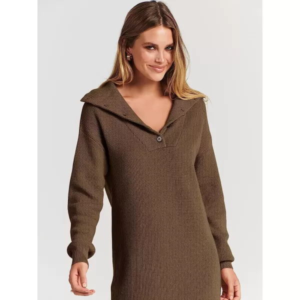 imageANRABESS 2022 Fall Winter Womens Long Sleeve Collared V Neck Sweater Dress Button Lapel Casual Mini Pullover DressesBrown