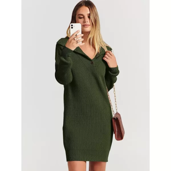 imageANRABESS 2022 Fall Winter Womens Long Sleeve Collared V Neck Sweater Dress Button Lapel Casual Mini Pullover DressesDeep Green