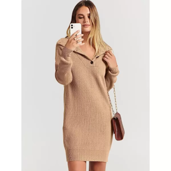 imageANRABESS 2022 Fall Winter Womens Long Sleeve Collared V Neck Sweater Dress Button Lapel Casual Mini Pullover DressesKhaki