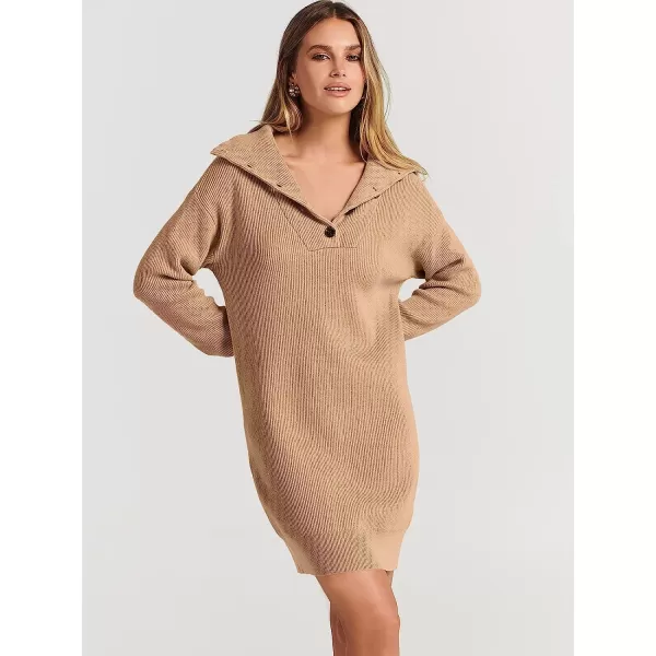imageANRABESS 2022 Fall Winter Womens Long Sleeve Collared V Neck Sweater Dress Button Lapel Casual Mini Pullover DressesKhaki