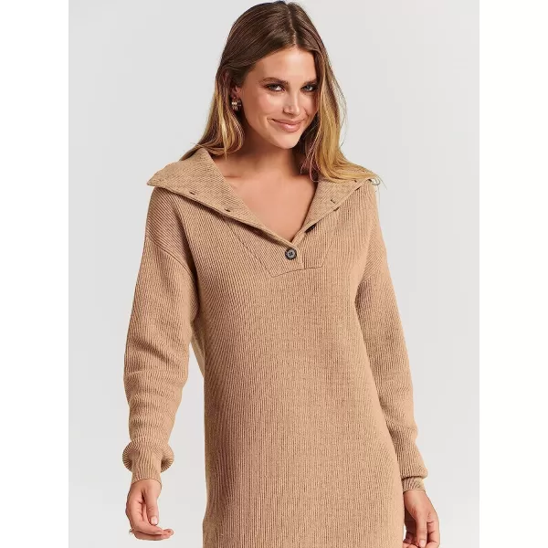 imageANRABESS 2022 Fall Winter Womens Long Sleeve Collared V Neck Sweater Dress Button Lapel Casual Mini Pullover DressesKhaki