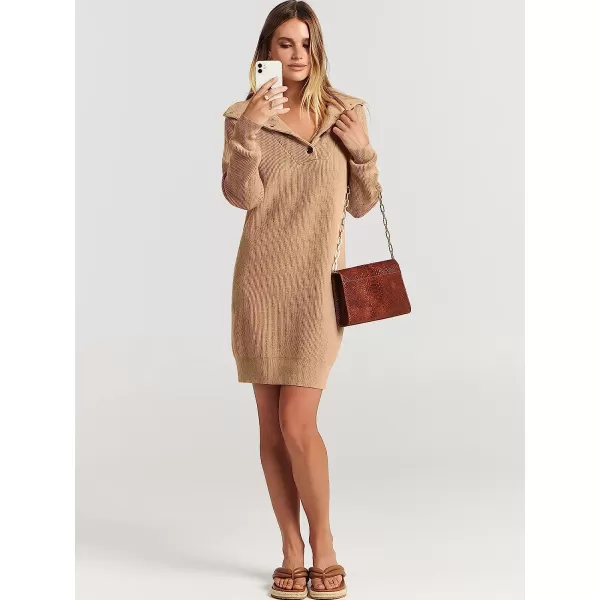 imageANRABESS 2022 Fall Winter Womens Long Sleeve Collared V Neck Sweater Dress Button Lapel Casual Mini Pullover DressesKhaki