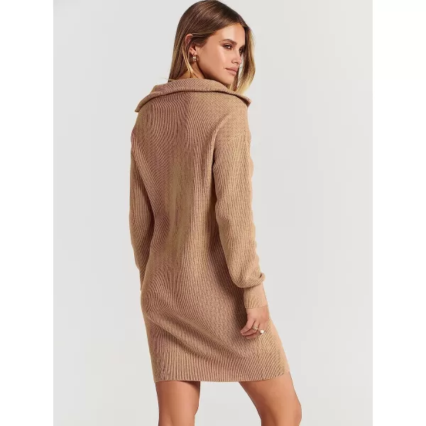 imageANRABESS 2022 Fall Winter Womens Long Sleeve Collared V Neck Sweater Dress Button Lapel Casual Mini Pullover DressesKhaki
