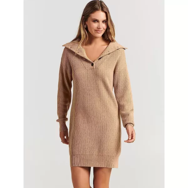 imageANRABESS 2022 Fall Winter Womens Long Sleeve Collared V Neck Sweater Dress Button Lapel Casual Mini Pullover DressesKhaki