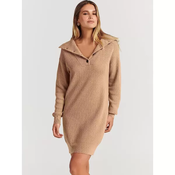 imageANRABESS 2022 Fall Winter Womens Long Sleeve Collared V Neck Sweater Dress Button Lapel Casual Mini Pullover DressesKhaki