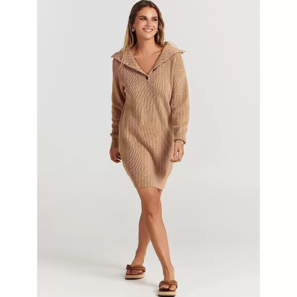 imageANRABESS 2022 Fall Winter Womens Long Sleeve Collared V Neck Sweater Dress Button Lapel Casual Mini Pullover DressesKhaki