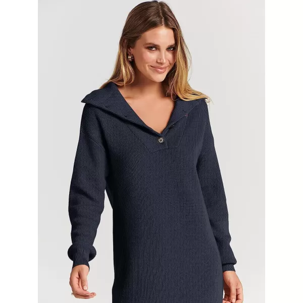 imageANRABESS 2022 Fall Winter Womens Long Sleeve Collared V Neck Sweater Dress Button Lapel Casual Mini Pullover DressesNavy Blue