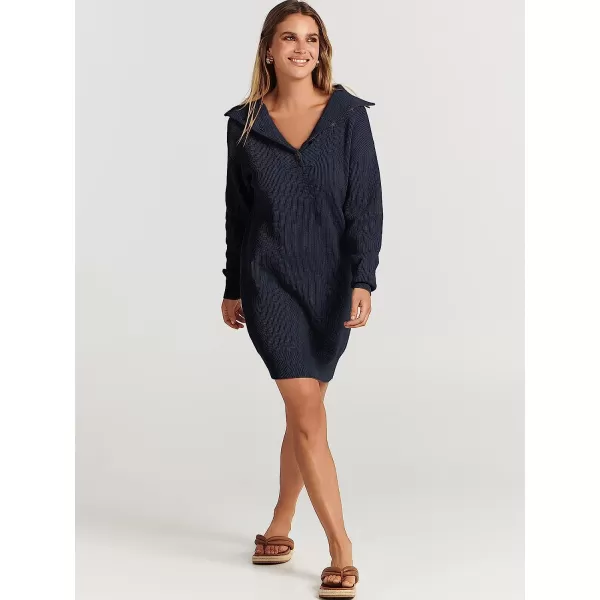 imageANRABESS 2022 Fall Winter Womens Long Sleeve Collared V Neck Sweater Dress Button Lapel Casual Mini Pullover DressesNavy Blue