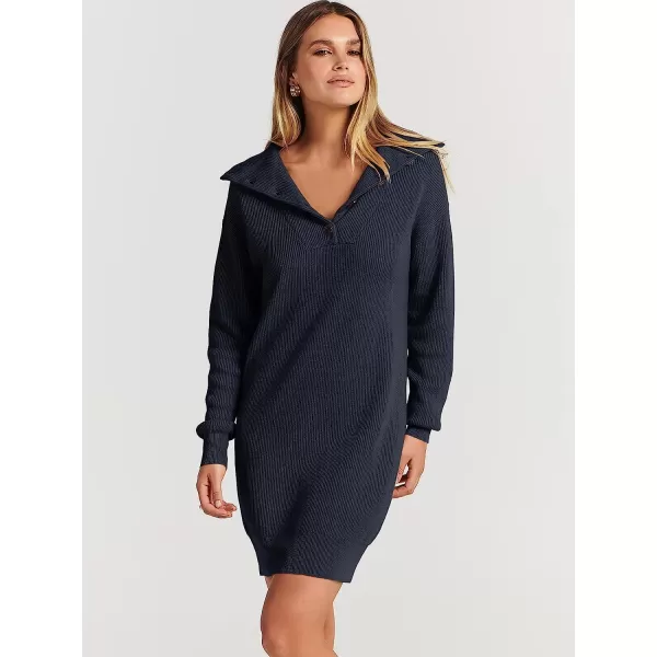 imageANRABESS 2022 Fall Winter Womens Long Sleeve Collared V Neck Sweater Dress Button Lapel Casual Mini Pullover DressesNavy Blue