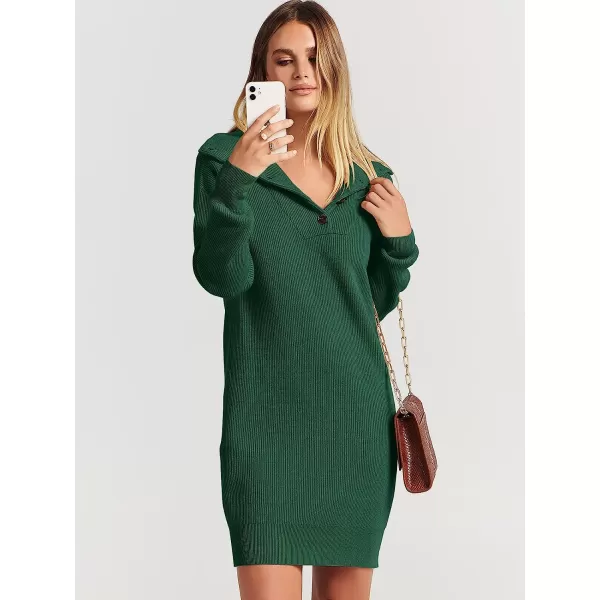 imageANRABESS 2022 Fall Winter Womens Long Sleeve Collared V Neck Sweater Dress Button Lapel Casual Mini Pullover DressesOpal Green