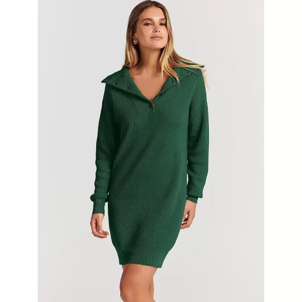 imageANRABESS 2022 Fall Winter Womens Long Sleeve Collared V Neck Sweater Dress Button Lapel Casual Mini Pullover DressesOpal Green