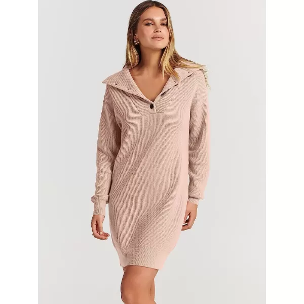 imageANRABESS 2022 Fall Winter Womens Long Sleeve Collared V Neck Sweater Dress Button Lapel Casual Mini Pullover DressesPink