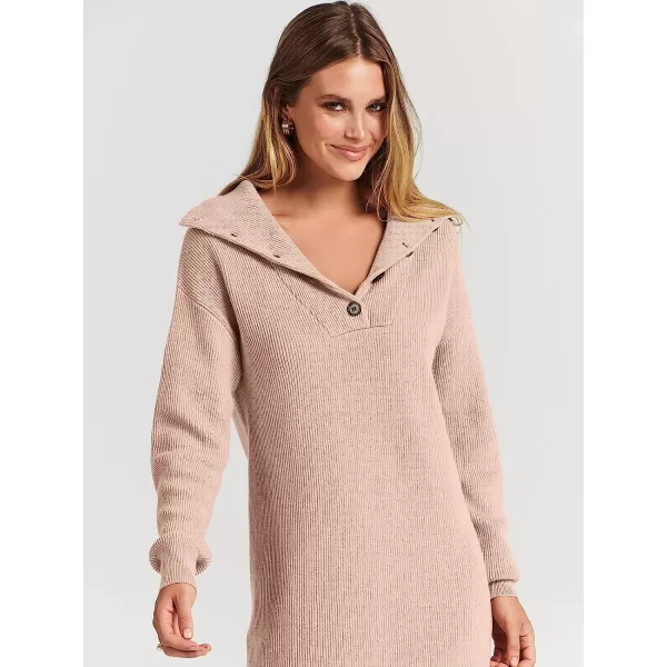 imageANRABESS 2022 Fall Winter Womens Long Sleeve Collared V Neck Sweater Dress Button Lapel Casual Mini Pullover DressesPink