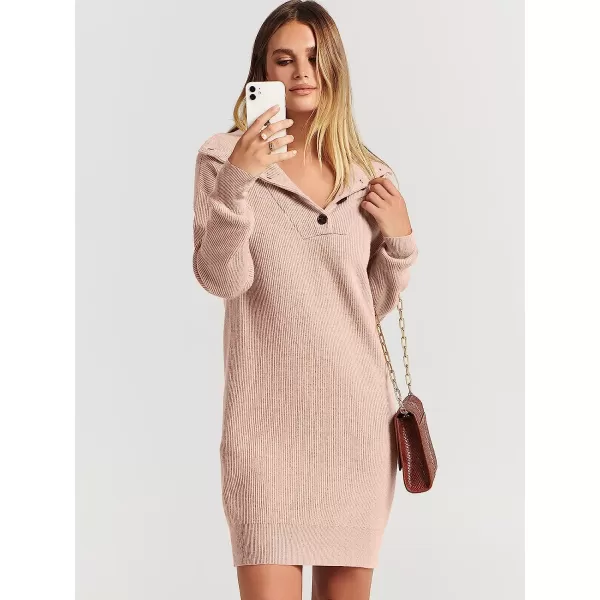 imageANRABESS 2022 Fall Winter Womens Long Sleeve Collared V Neck Sweater Dress Button Lapel Casual Mini Pullover DressesPink