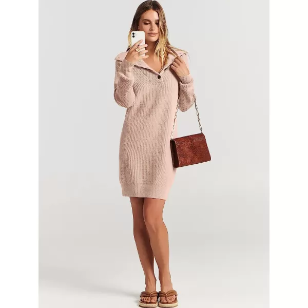 imageANRABESS 2022 Fall Winter Womens Long Sleeve Collared V Neck Sweater Dress Button Lapel Casual Mini Pullover DressesPink